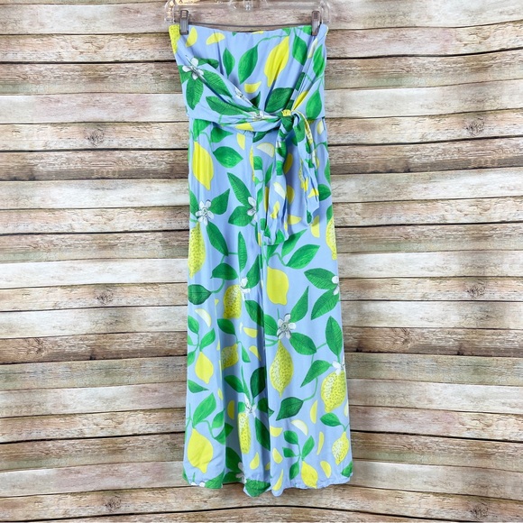 Anthropologie Maeve Lemon Grove Strapless Knot Detail Wide Leg Jumpsuit Size 0 - Picture 2 of 9